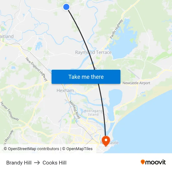 Brandy Hill to Cooks Hill map