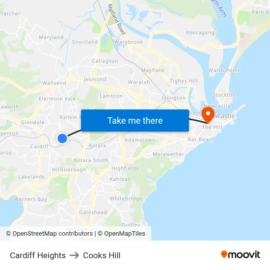 Cardiff Heights to Cooks Hill map