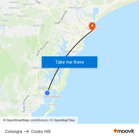 Colongra to Cooks Hill map