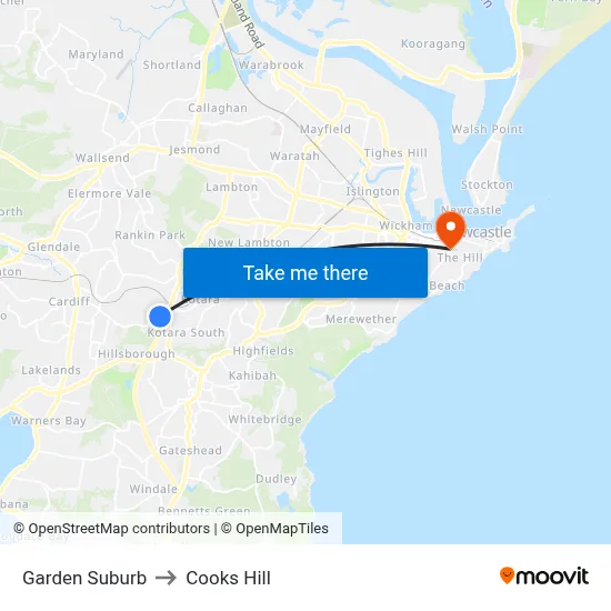 Garden Suburb to Cooks Hill map