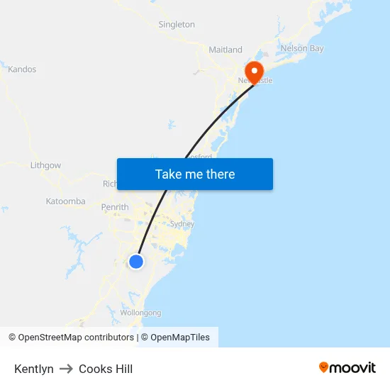 Kentlyn to Cooks Hill map