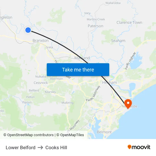 Lower Belford to Cooks Hill map