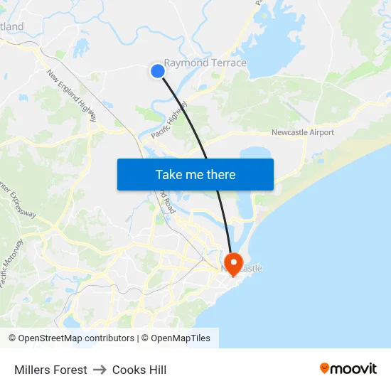 Millers Forest to Cooks Hill map