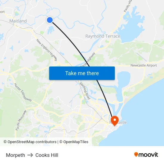 Morpeth to Cooks Hill map