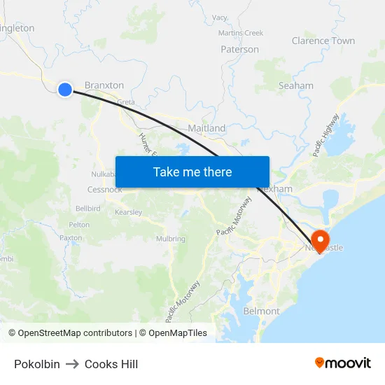 Pokolbin to Cooks Hill map