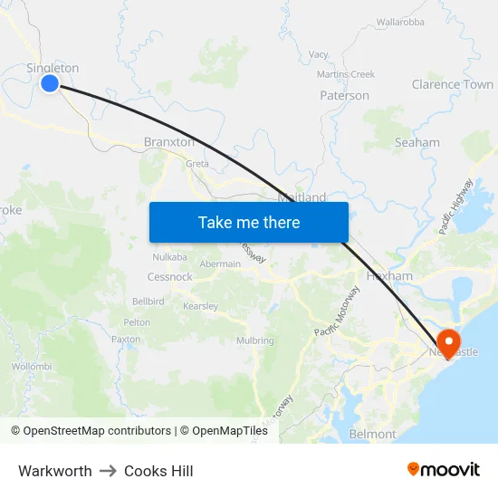 Warkworth to Cooks Hill map