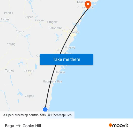 Bega to Cooks Hill map