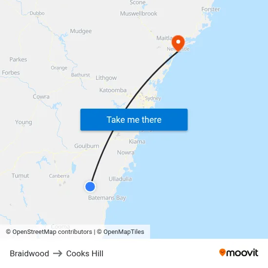 Braidwood to Cooks Hill map