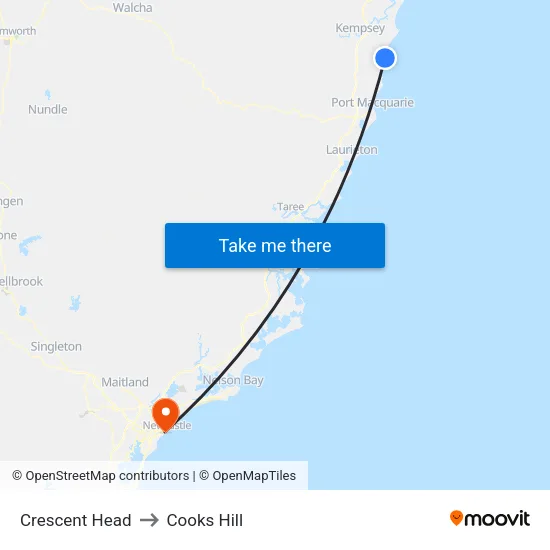 Crescent Head to Cooks Hill map