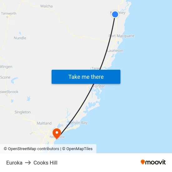 Euroka to Cooks Hill map