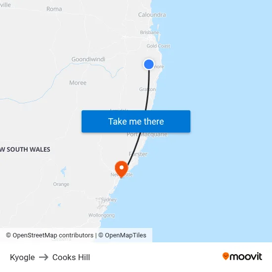 Kyogle to Cooks Hill map