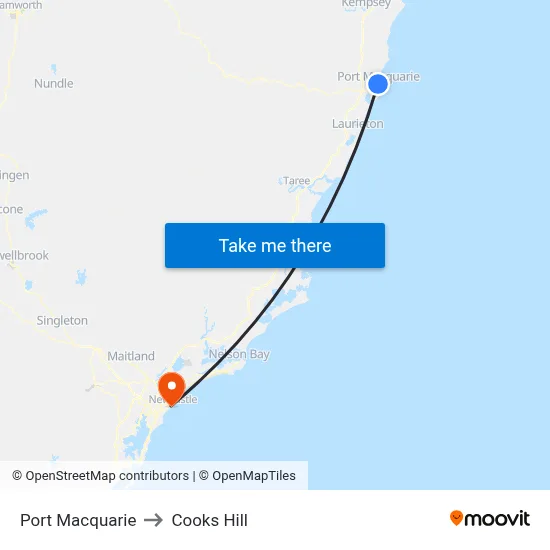 Port Macquarie to Cooks Hill map
