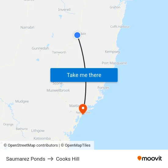 Saumarez Ponds to Cooks Hill map