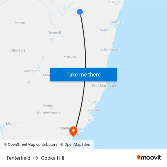Tenterfield to Cooks Hill map