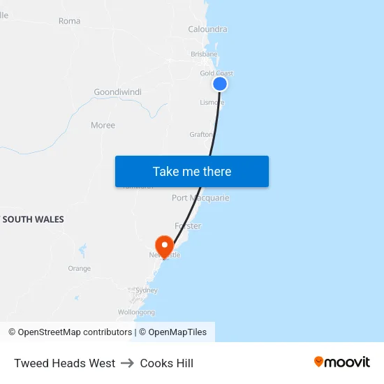 Tweed Heads West to Cooks Hill map