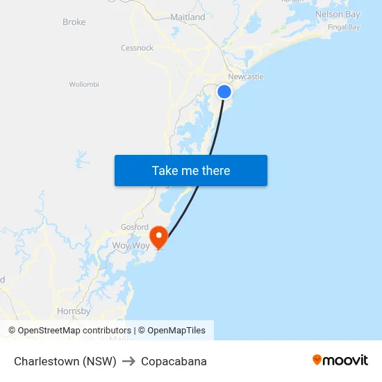 Charlestown (NSW) to Copacabana map