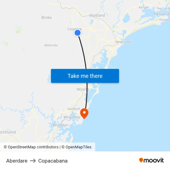 Aberdare to Copacabana map
