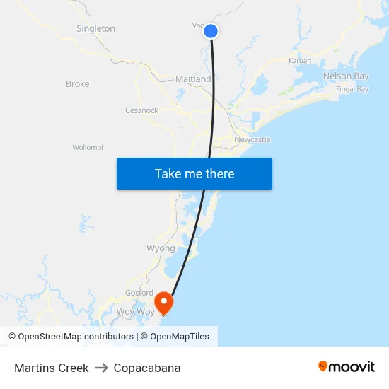 Martins Creek to Copacabana map