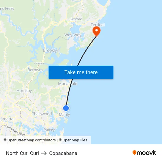 North Curl Curl to Copacabana map