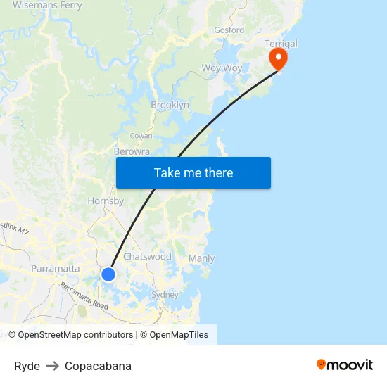 Ryde to Copacabana map