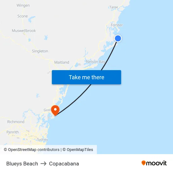 Blueys Beach to Copacabana map