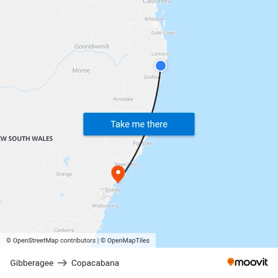 Gibberagee to Copacabana map