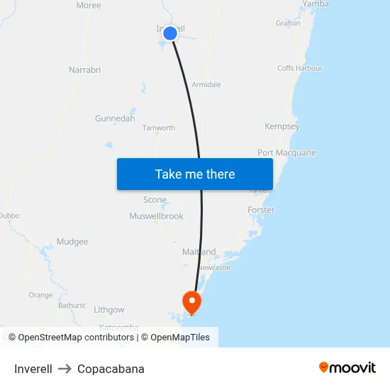 Inverell to Copacabana map
