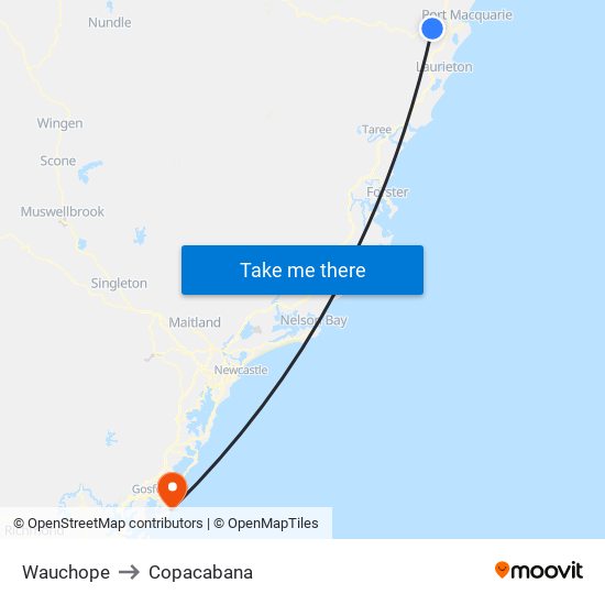 Wauchope to Copacabana map