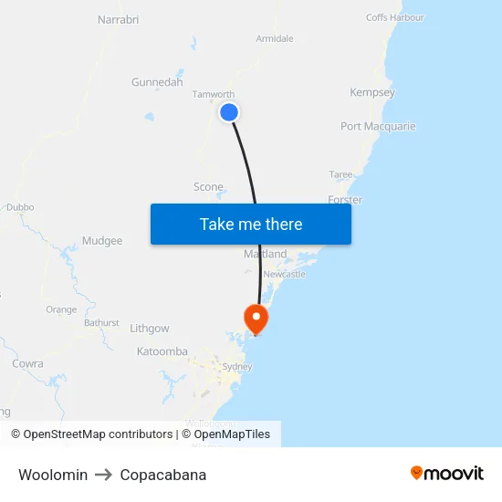 Woolomin to Copacabana map