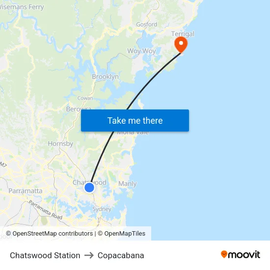 Chatswood Station to Copacabana map