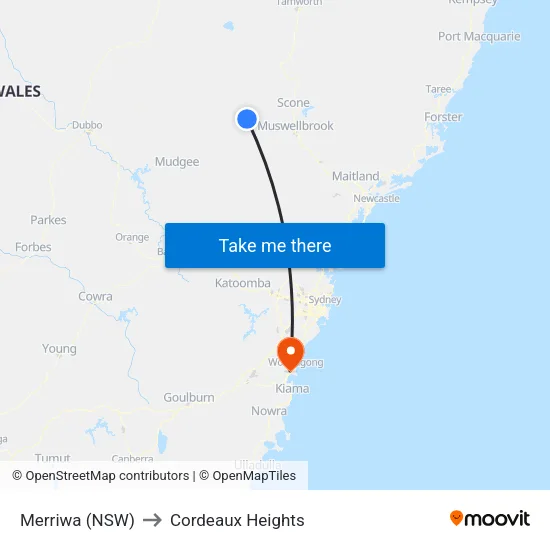 Merriwa (NSW) to Cordeaux Heights map