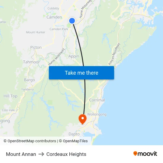 Mount Annan to Cordeaux Heights map