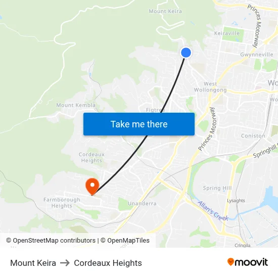 Mount Keira to Cordeaux Heights map