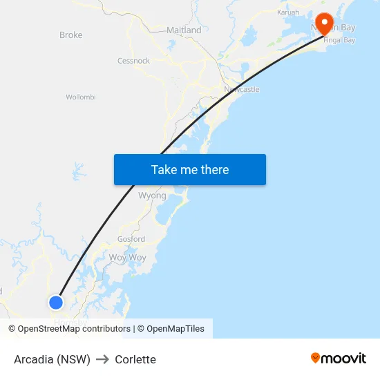 Arcadia (NSW) to Corlette map