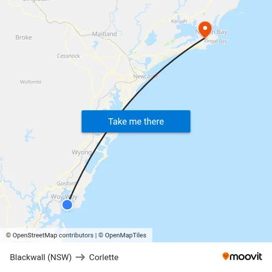 Blackwall (NSW) to Corlette map