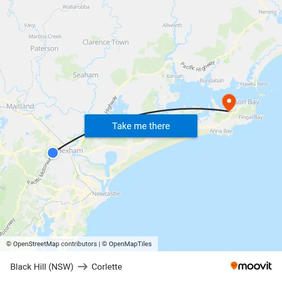 Black Hill (NSW) to Corlette map