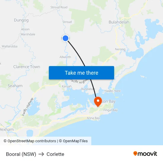 Booral (NSW) to Corlette map