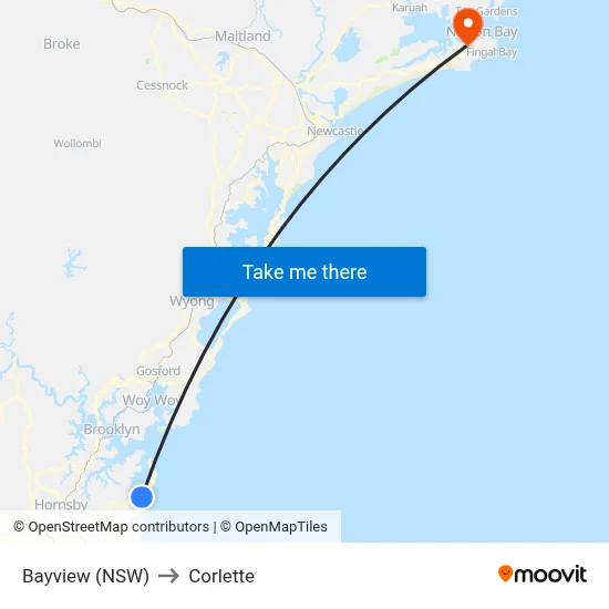 Bayview (NSW) to Corlette map