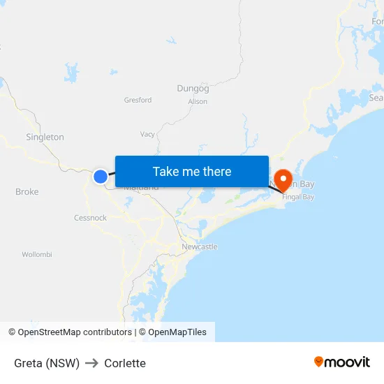 Greta (NSW) to Corlette map
