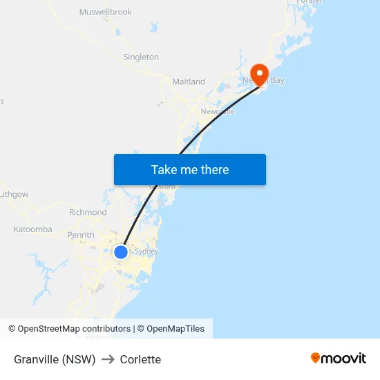 Granville (NSW) to Corlette map
