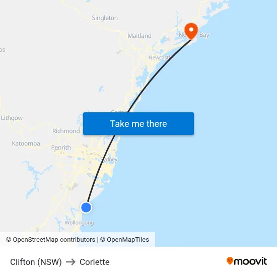 Clifton (NSW) to Corlette map