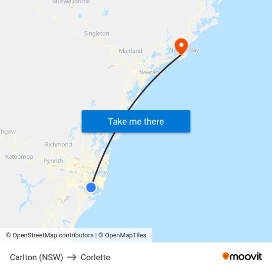 Carlton (NSW) to Corlette map