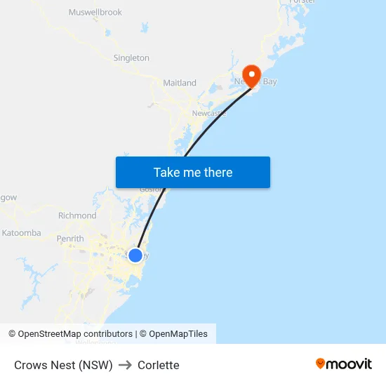 Crows Nest (NSW) to Corlette map