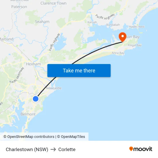 Charlestown (NSW) to Corlette map
