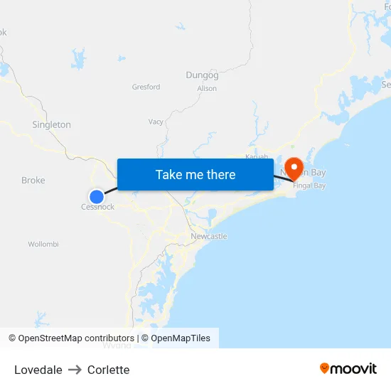Lovedale to Corlette map