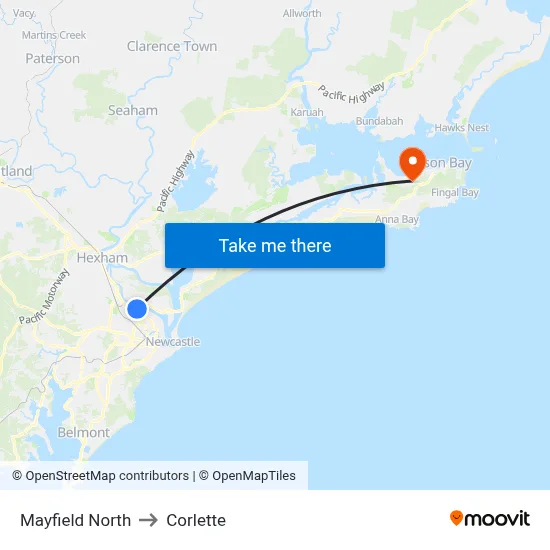 Mayfield North to Corlette map