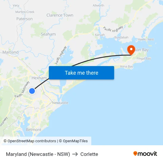Maryland (Newcastle - NSW) to Corlette map