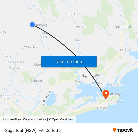 Sugarloaf (NSW) to Corlette map