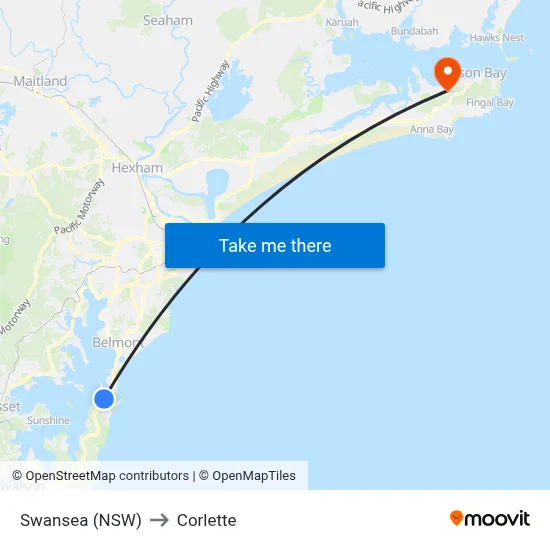 Swansea (NSW) to Corlette map