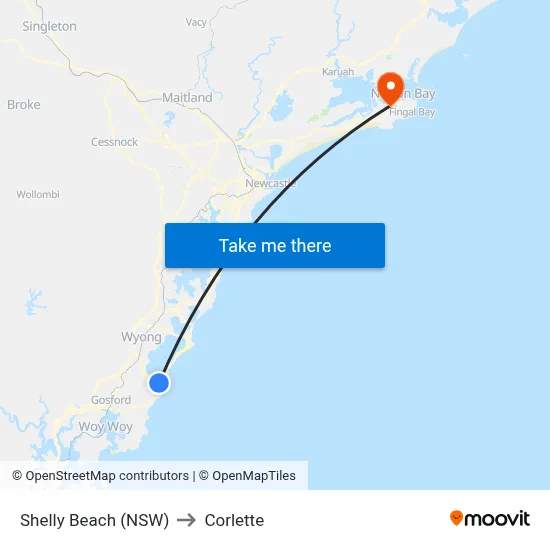 Shelly Beach (NSW) to Corlette map